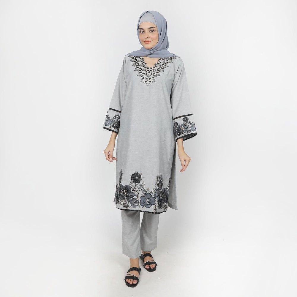Women's Chambray Emboridered 2pcs Suit - Grey, Women Shalwar Suits, Chase Value, Chase Value