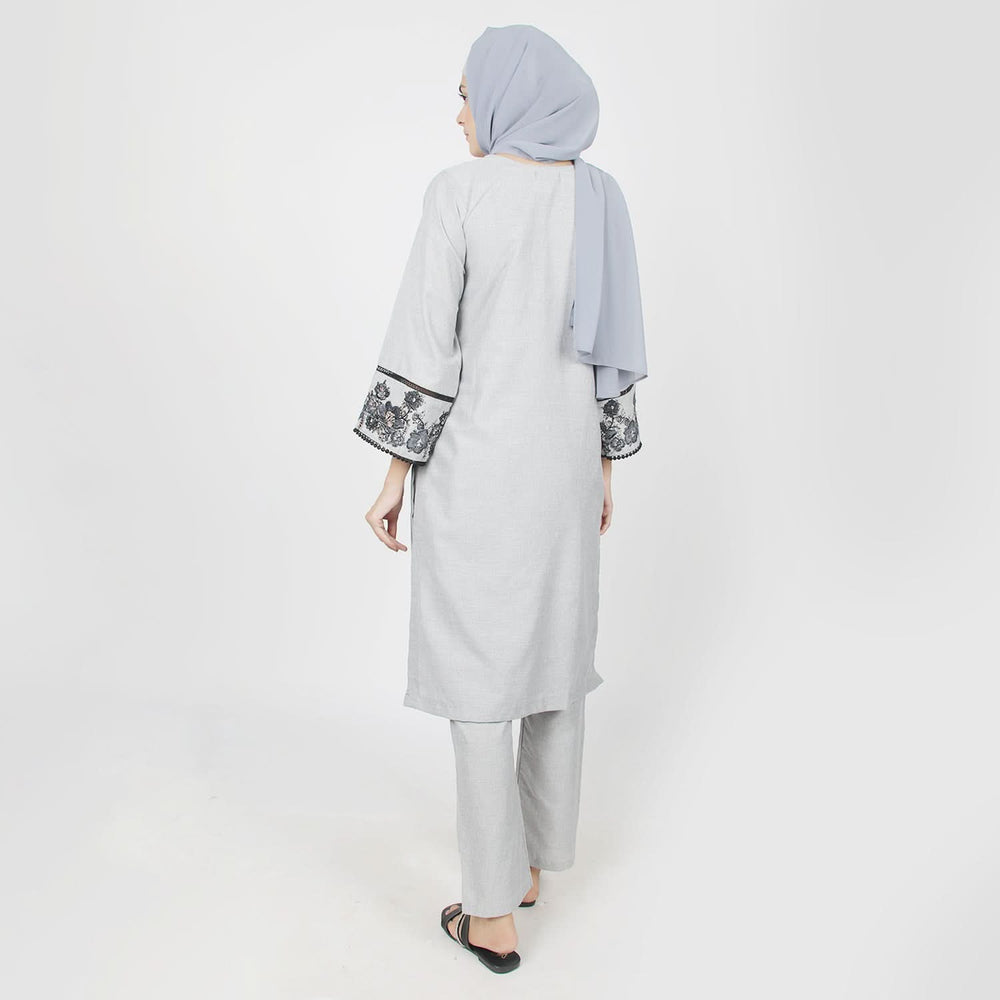 Women's Chambray Emboridered 2pcs Suit - Grey, Women Shalwar Suits, Chase Value, Chase Value