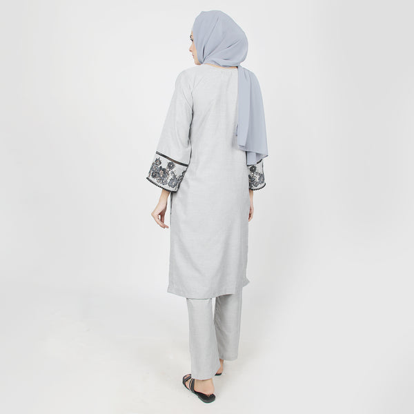Women's Chambray Emboridered 2pcs Suit - Grey