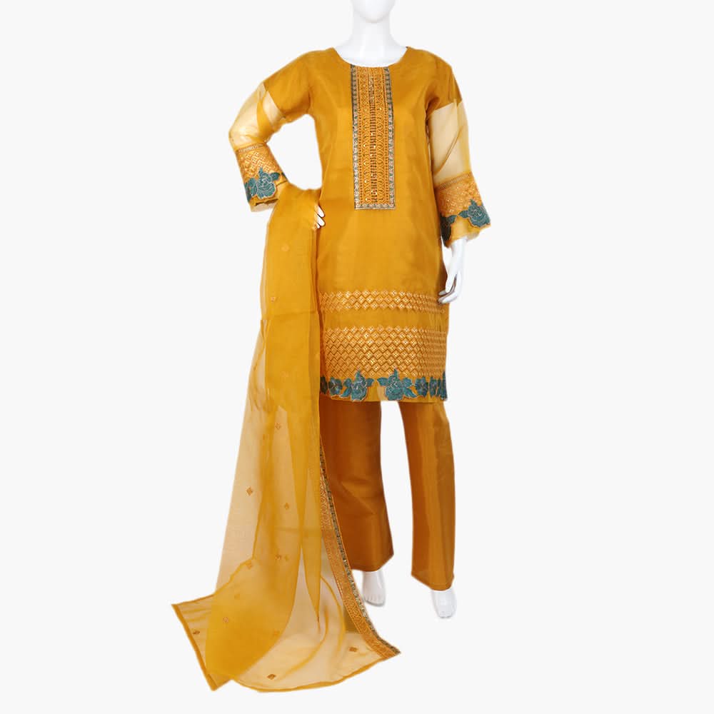 Women's  Organza Fancy 03Pcs Suit - Mustard, Women Shalwar Suits, Chase Value, Chase Value