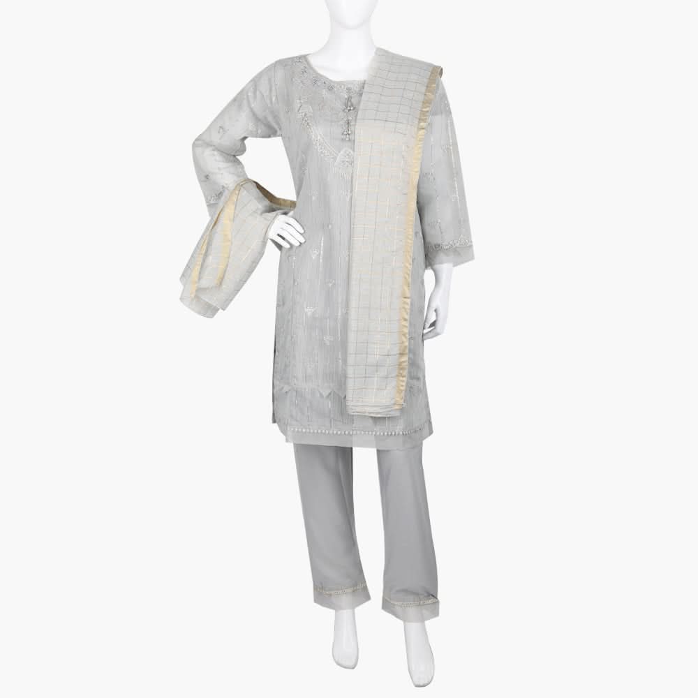Women's Fancy 3Pcs Suit - Grey, Women Shalwar Suits, Chase Value, Chase Value
