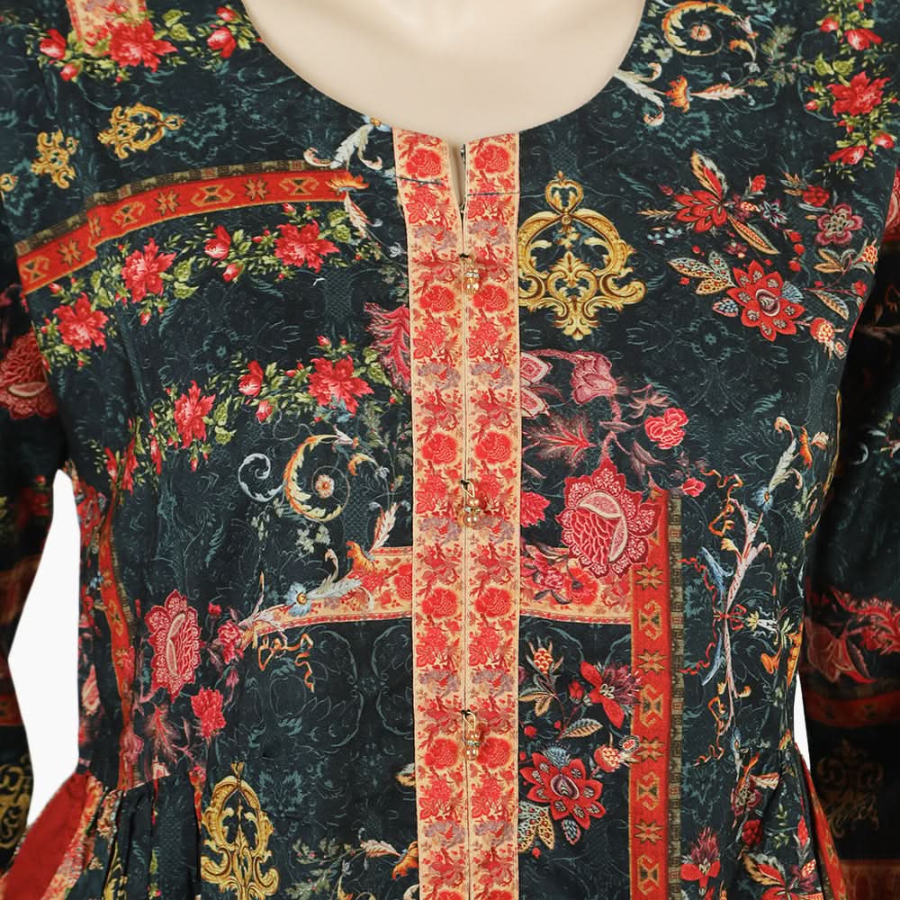 Women's Digital Printed Khaddar Stitched Frock - Multi Color, Women Ready Kurtis, Chase Value, Chase Value