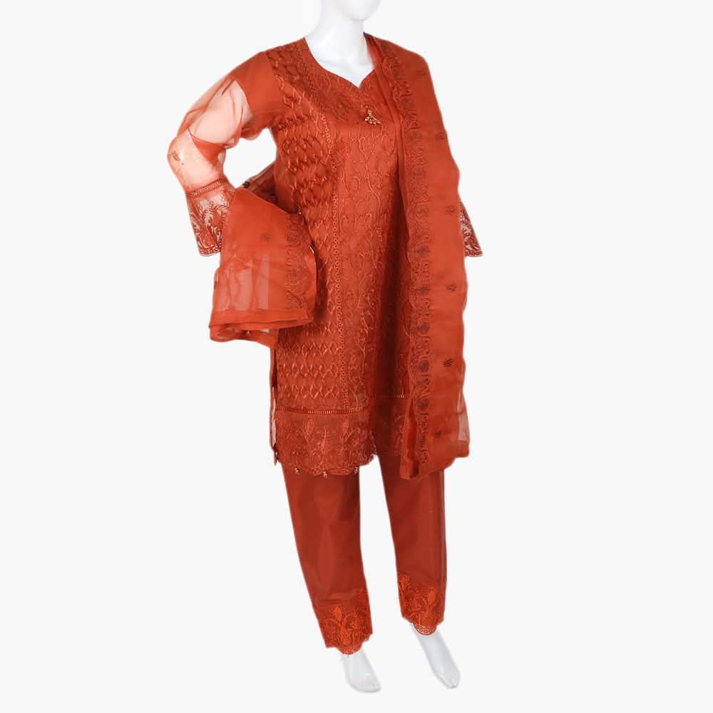 Women's  Organza Fancy 03Pcs Suit - Rust, Women Shalwar Suits, Chase Value, Chase Value