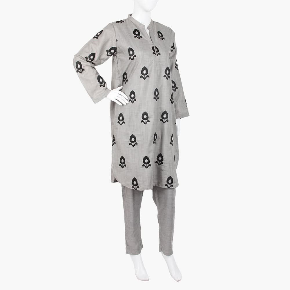 Women's Embroidered Slub 2Pcs Suit - Mid Grey, Women Shalwar Suits, Chase Value, Chase Value