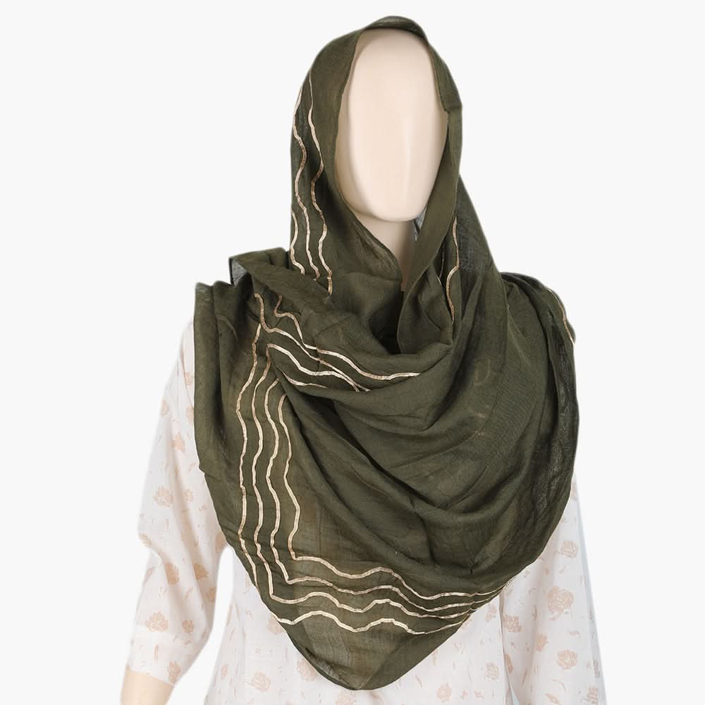Women's Embroidered  Lawn Dupatta- Olive Green, Women Shawls & Scarves, Chase Value, Chase Value
