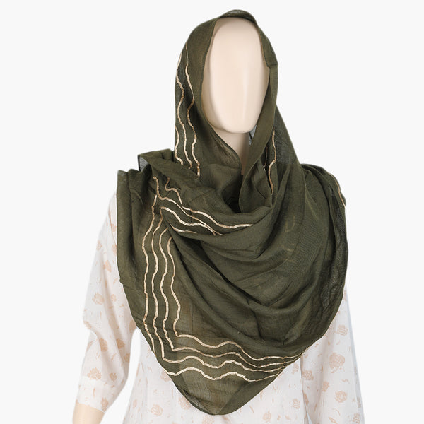 Women's Embroidered  Lawn Dupatta- Olive Green, Women Shawls & Scarves, Chase Value, Chase Value
