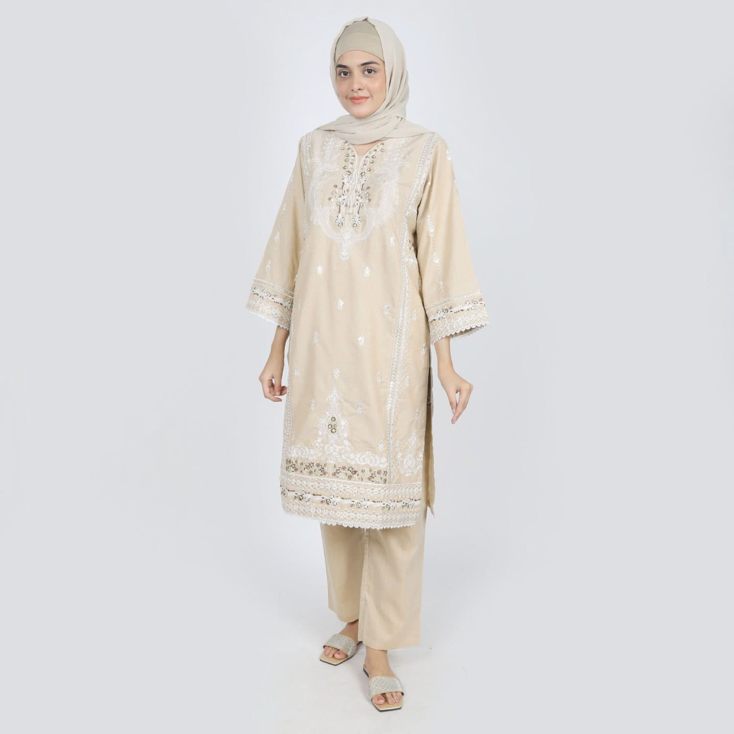 Women's Chambray Emboridered 2pcs Suit - Skin, Women Shalwar Suits, Chase Value, Chase Value