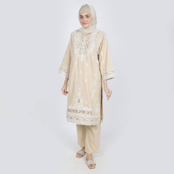 Women's Chambray Emboridered 2pcs Suit - Skin