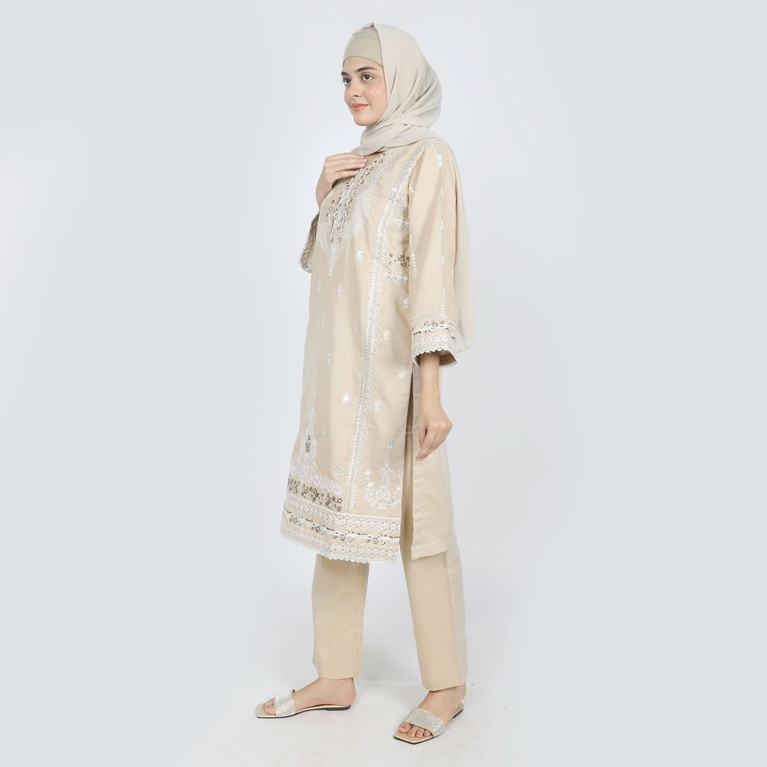 Women's Chambray Emboridered 2pcs Suit - Skin, Women Shalwar Suits, Chase Value, Chase Value