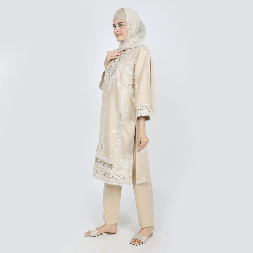 Women's Chambray Emboridered 2pcs Suit - Skin, Women Shalwar Suits, Chase Value, Chase Value