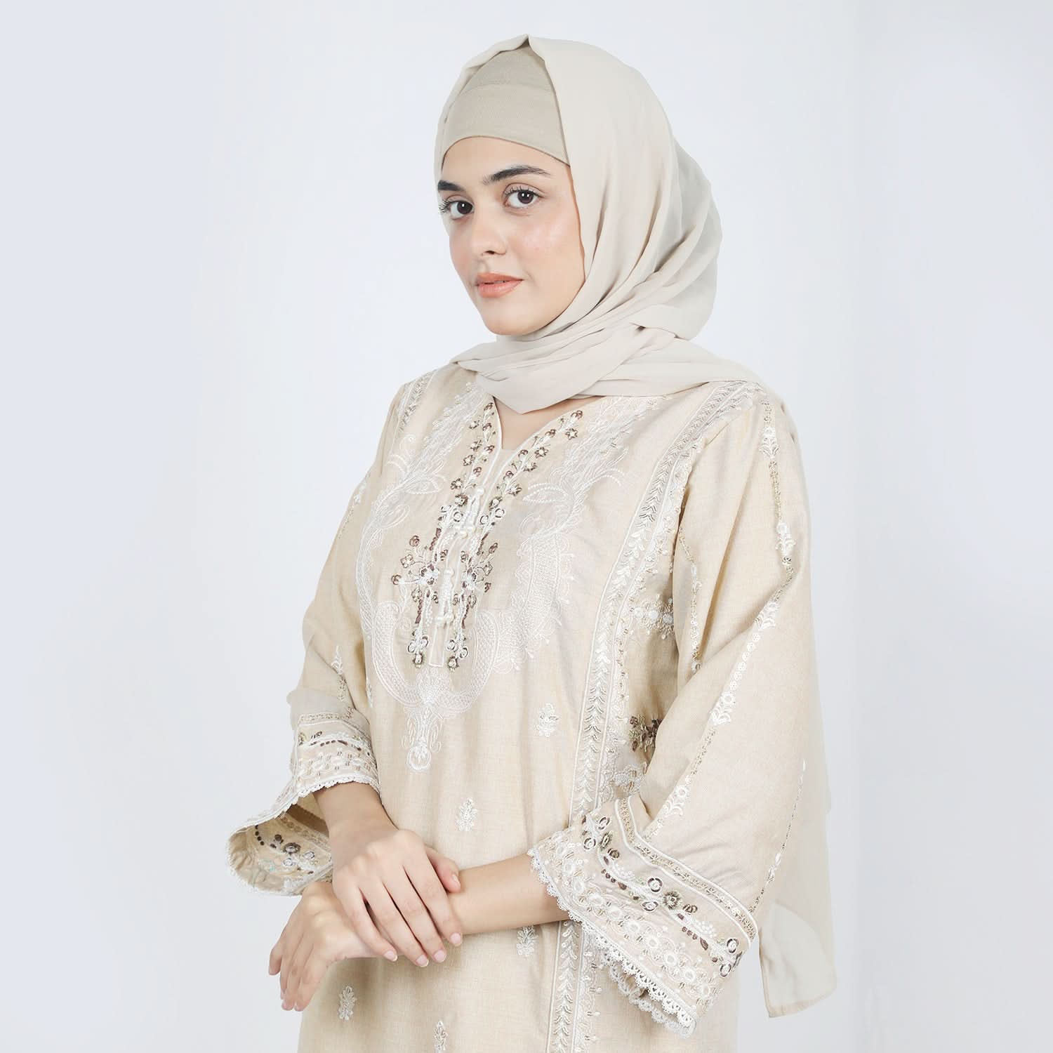 Women's Chambray Emboridered 2pcs Suit - Skin, Women Shalwar Suits, Chase Value, Chase Value
