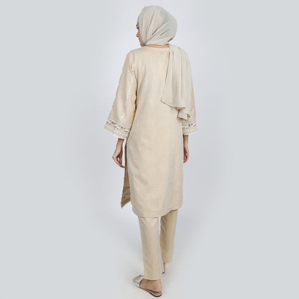 Women's Chambray Emboridered 2pcs Suit - Skin