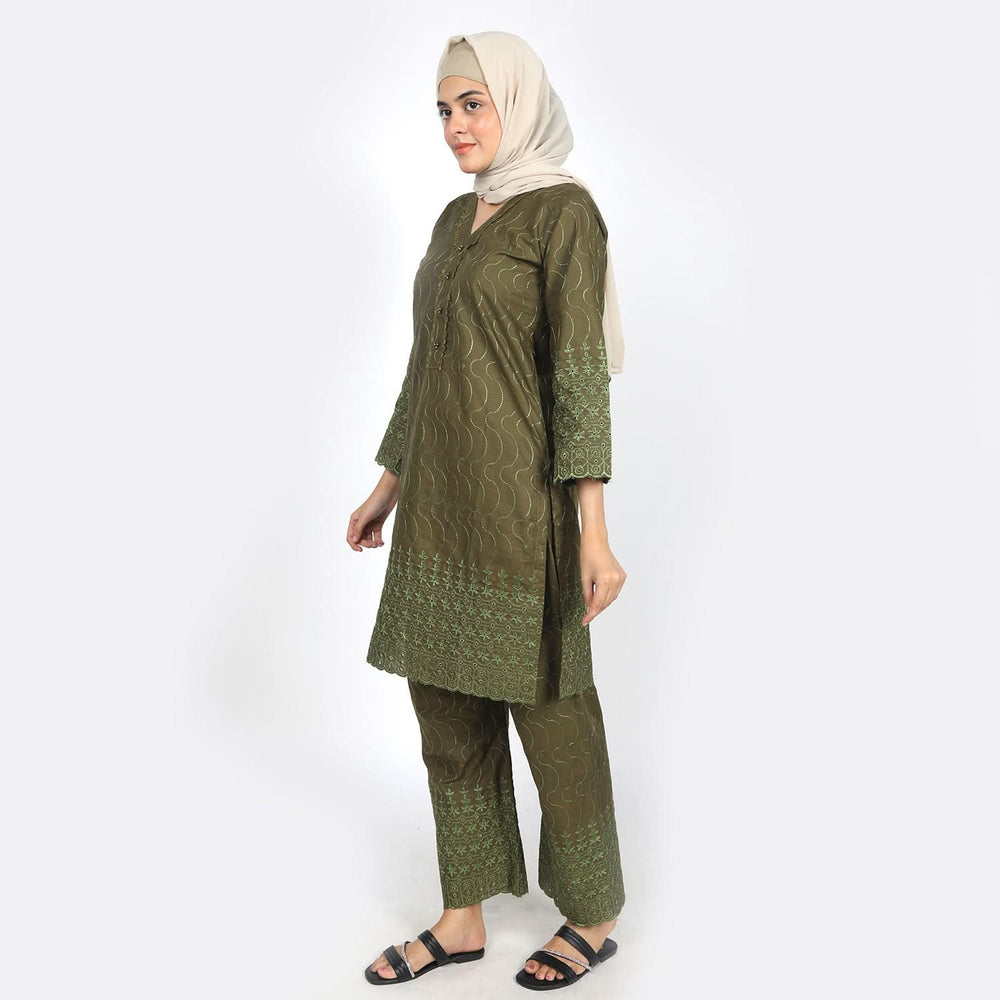Women's Embroidered 2pcs Stitched Suit - Olive Green, Women Shalwar Suits, Chase Value, Chase Value