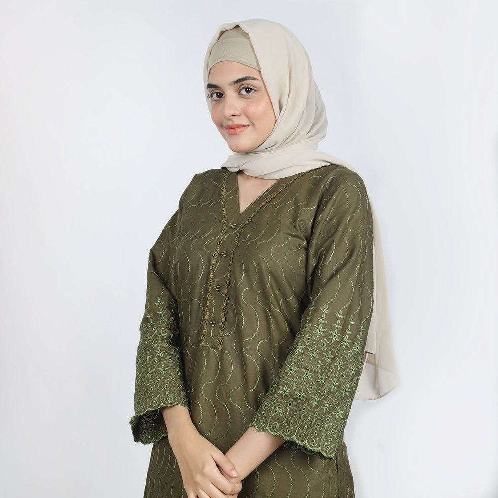 Women's Embroidered 2pcs Stitched Suit - Olive Green, Women Shalwar Suits, Chase Value, Chase Value