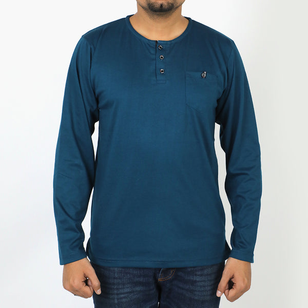Men's Full Sleeves Henley T-Shirt - Steel Blue