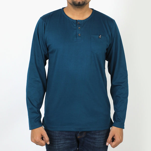 Men's Full Sleeves Henley T-Shirt - Steel Blue, Men's T-Shirts & Polos, Chase Value, Chase Value