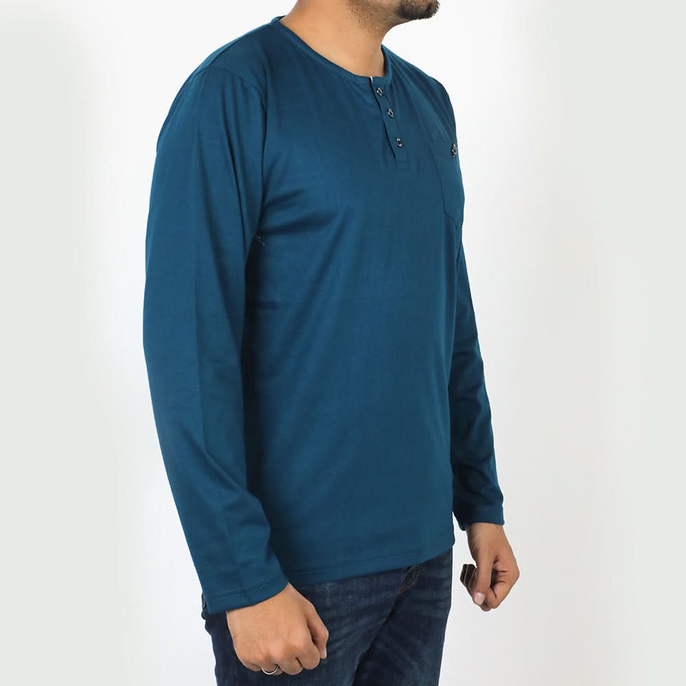 Men's Full Sleeves Henley T-Shirt - Steel Blue, Men's T-Shirts & Polos, Chase Value, Chase Value