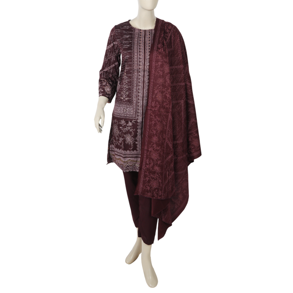 Women's Printed Stitched 03 pcs Suit - Purple, Women Shalwar Suits, Chase Value, Chase Value