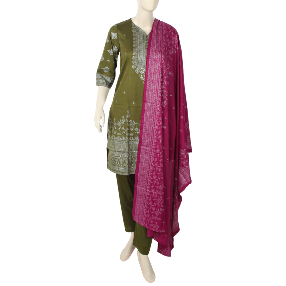 Women's Printed Stitched 03 pcs Suit - Olive Green, Women Shalwar Suits, Chase Value, Chase Value