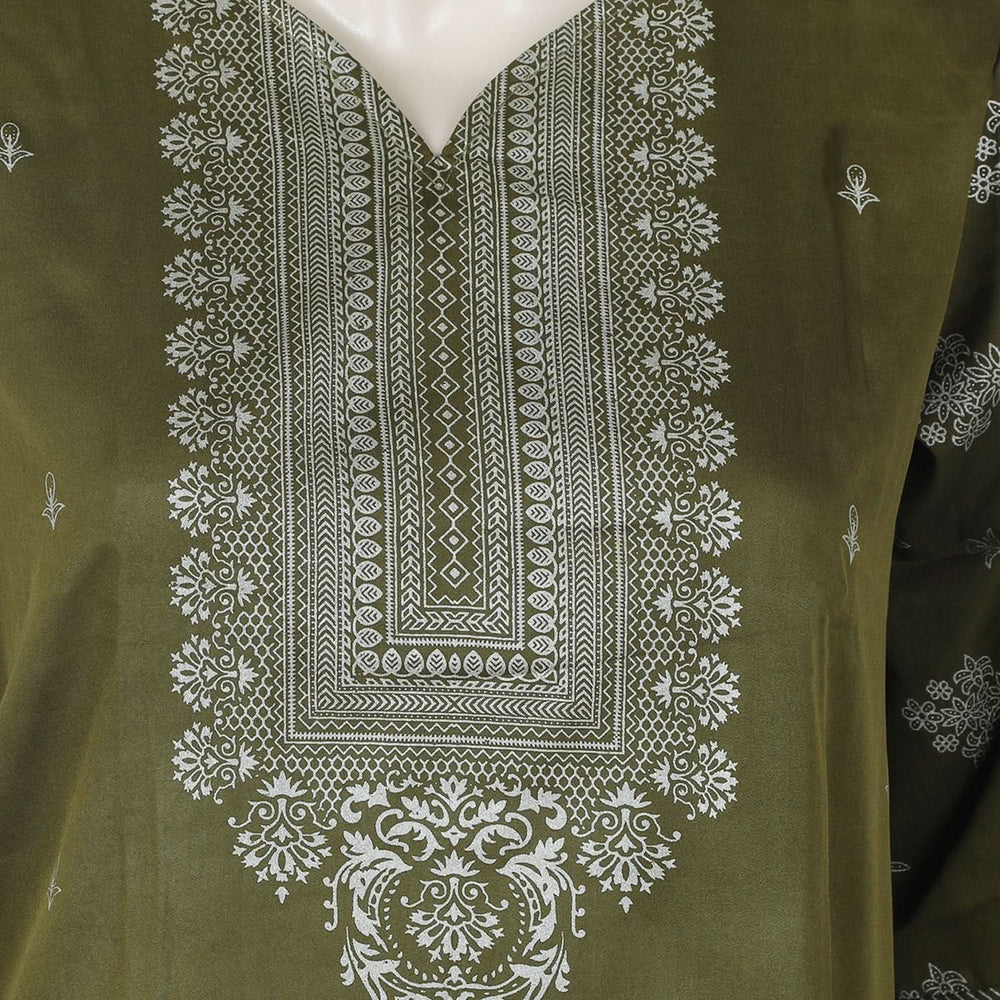 Women's Printed Stitched 03 pcs Suit - Olive Green, Women Shalwar Suits, Chase Value, Chase Value
