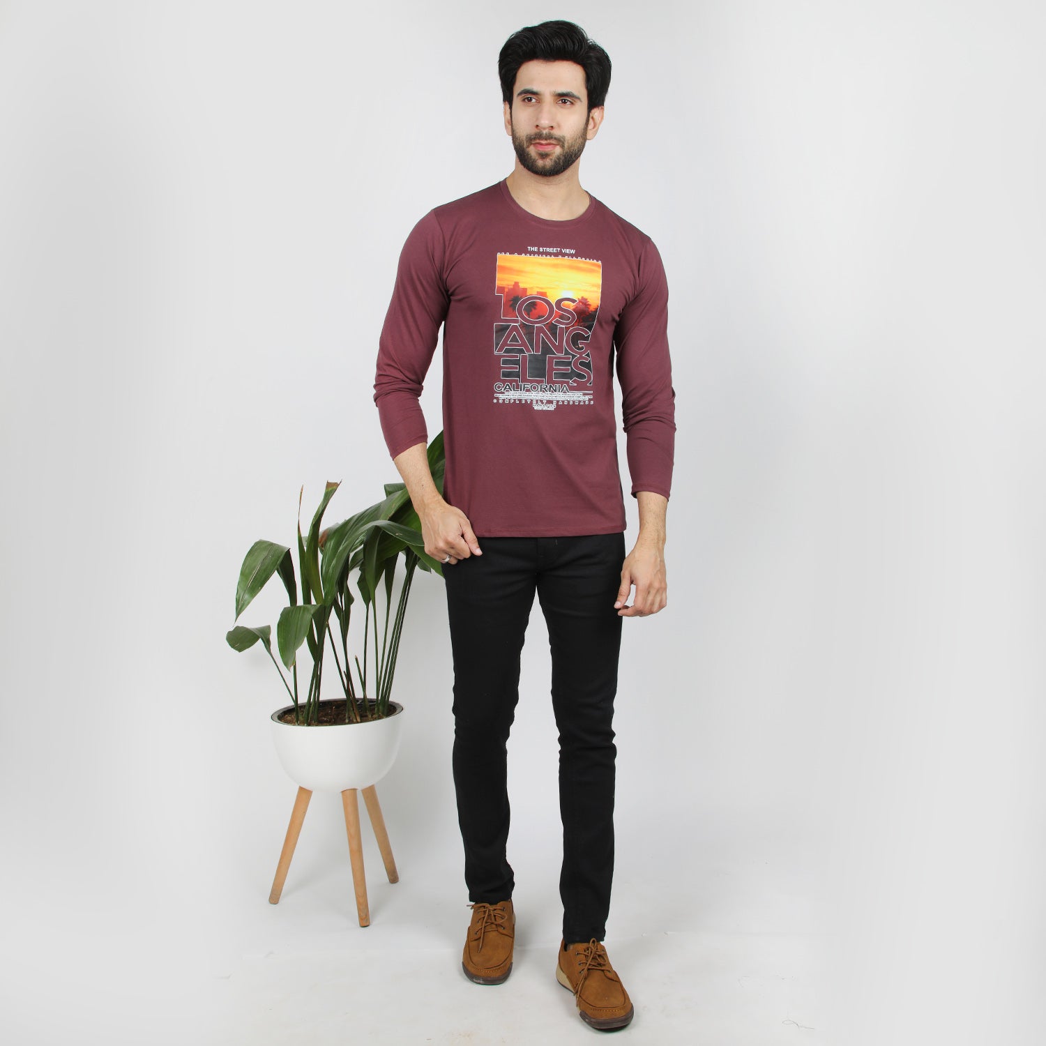 Men's Full Sleeves Printed T-Shirt - Maroon, Men's T-Shirts & Polos, Chase Value, Chase Value