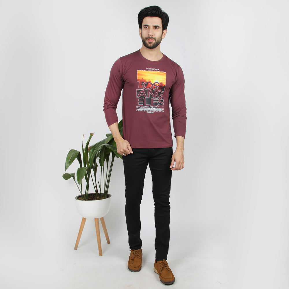 Men's Full Sleeves Printed T-Shirt - Maroon, Men's T-Shirts & Polos, Chase Value, Chase Value