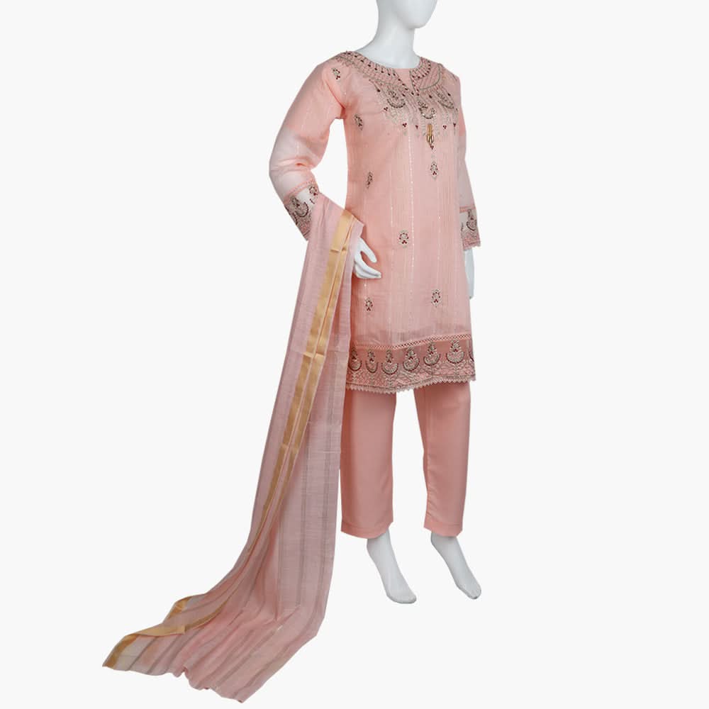 Women's Fancy 3Pcs Suit - Peach, Women Shalwar Suits, Chase Value, Chase Value