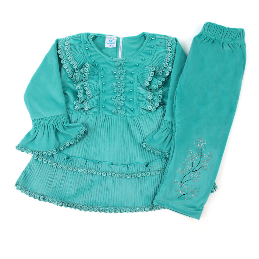 Girls Full Sleeves Tight Suit - Sea Green