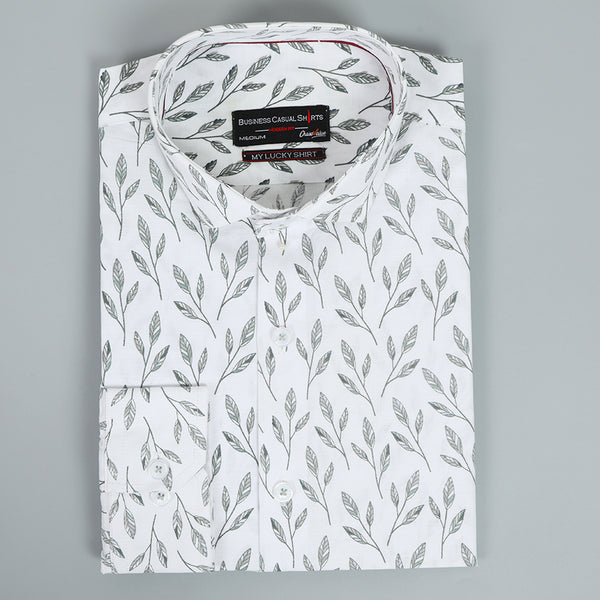 Men's Printed Business Casual Shirt - White & Green
