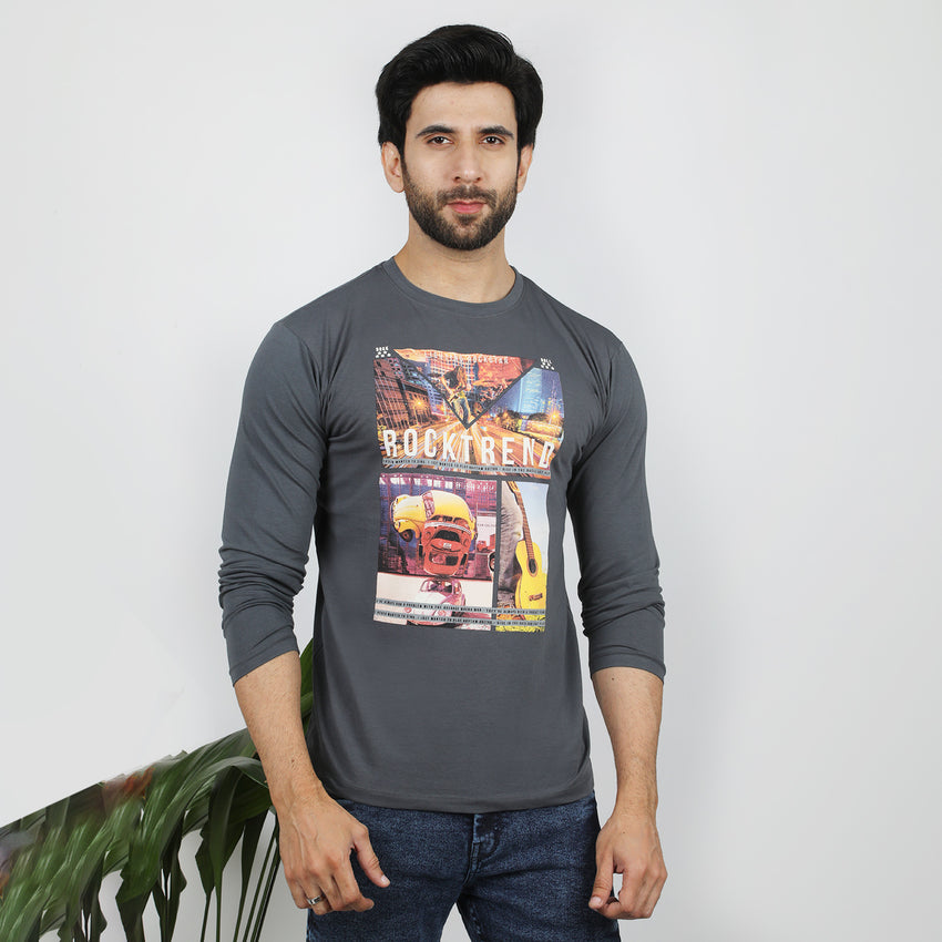 Men's Full Sleeves Printed T-Shirt - Grey