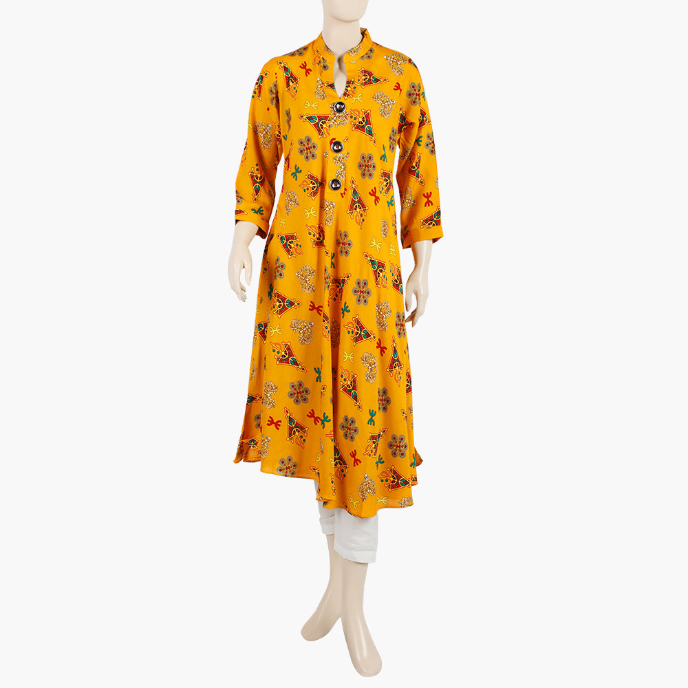 Women's Printed Stitched Kurti - Yellow, Women Ready Kurtis, Chase Value, Chase Value