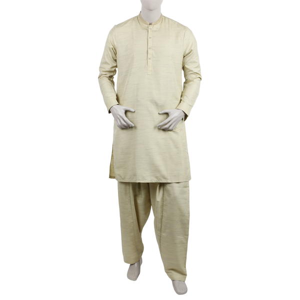 Men's Embroidered Stitched Kurta Shalwar Suit - Beige