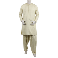 Men's Embroidered Stitched Kurta Shalwar Suit - Beige