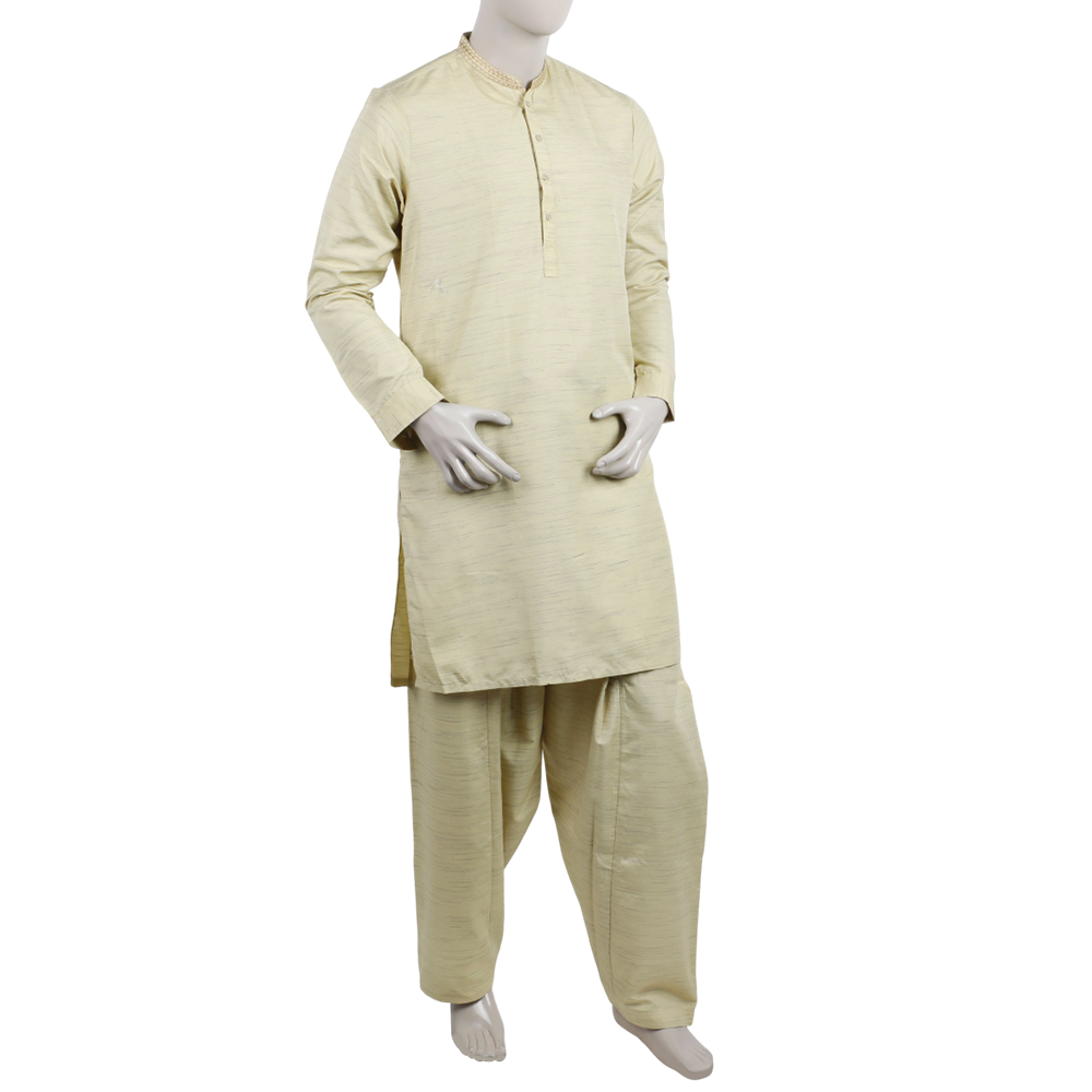 Men's Embroidered Stitched Kurta Shalwar Suit - Beige, Men's Shalwar Kameez, Chase Value, Chase Value