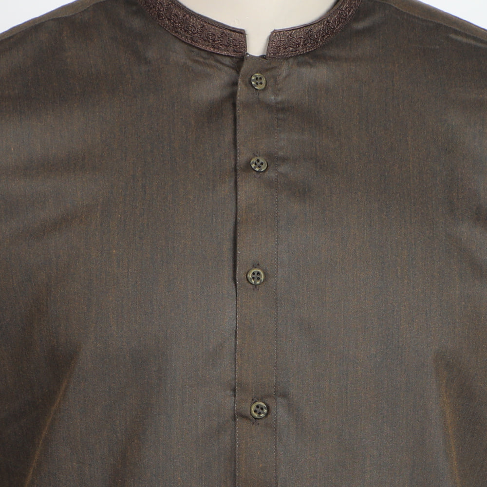 Men's Slim Fit Embroidered Kurta - Dark Brown, Men's Kurtas, Chase Value, Chase Value