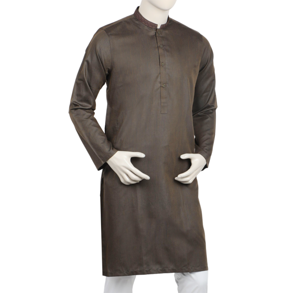 Men's Slim Fit Embroidered Kurta - Dark Brown