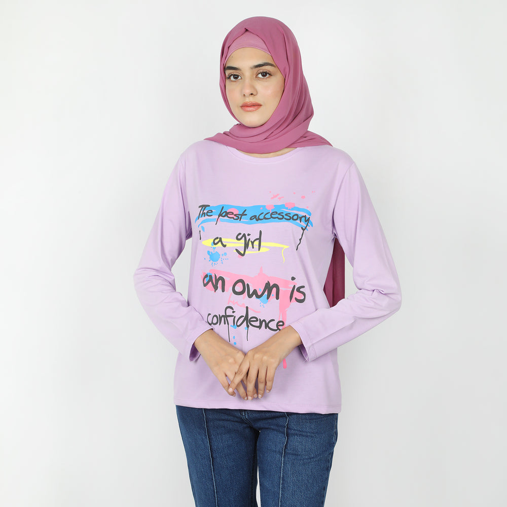 Women's Full Sleeves Printed T-Shirt - Purple, Women T-Shirts & Tops, Chase Value, Chase Value