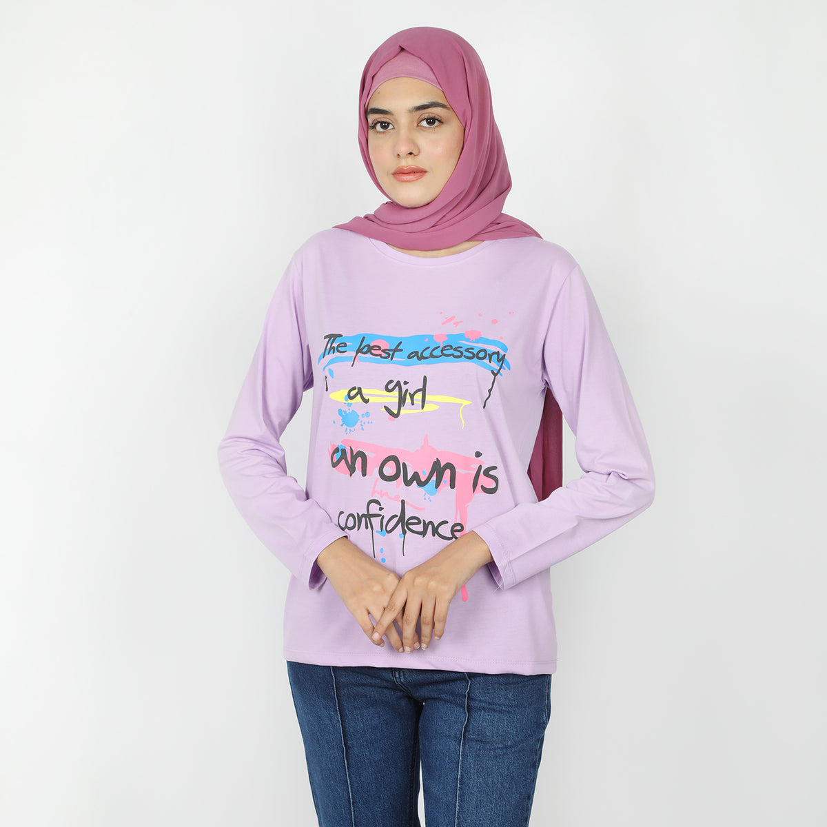 Women's Full Sleeves Printed T-Shirt - Purple, Women T-Shirts & Tops, Chase Value, Chase Value