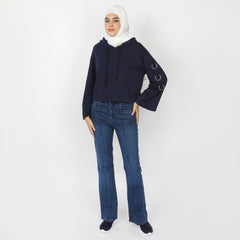 Women's Full Sleeves Hoodie Jacket - Navy Blue