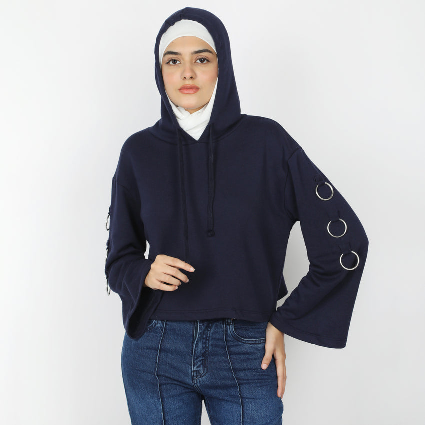 Women's Full Sleeves Hoodie Jacket - Navy Blue