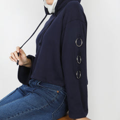 Women's Full Sleeves Hoodie Jacket - Navy Blue