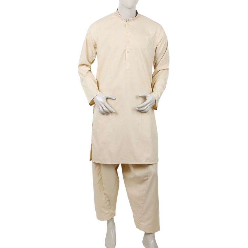 Men's Embroidered Stitched Shalwar Suit - Beige