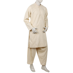 Men's Embroidered Stitched Shalwar Suit - Beige