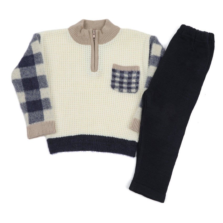 Eminent Boys Full Sleeves Sweater Suit - Off White & Navy Blue