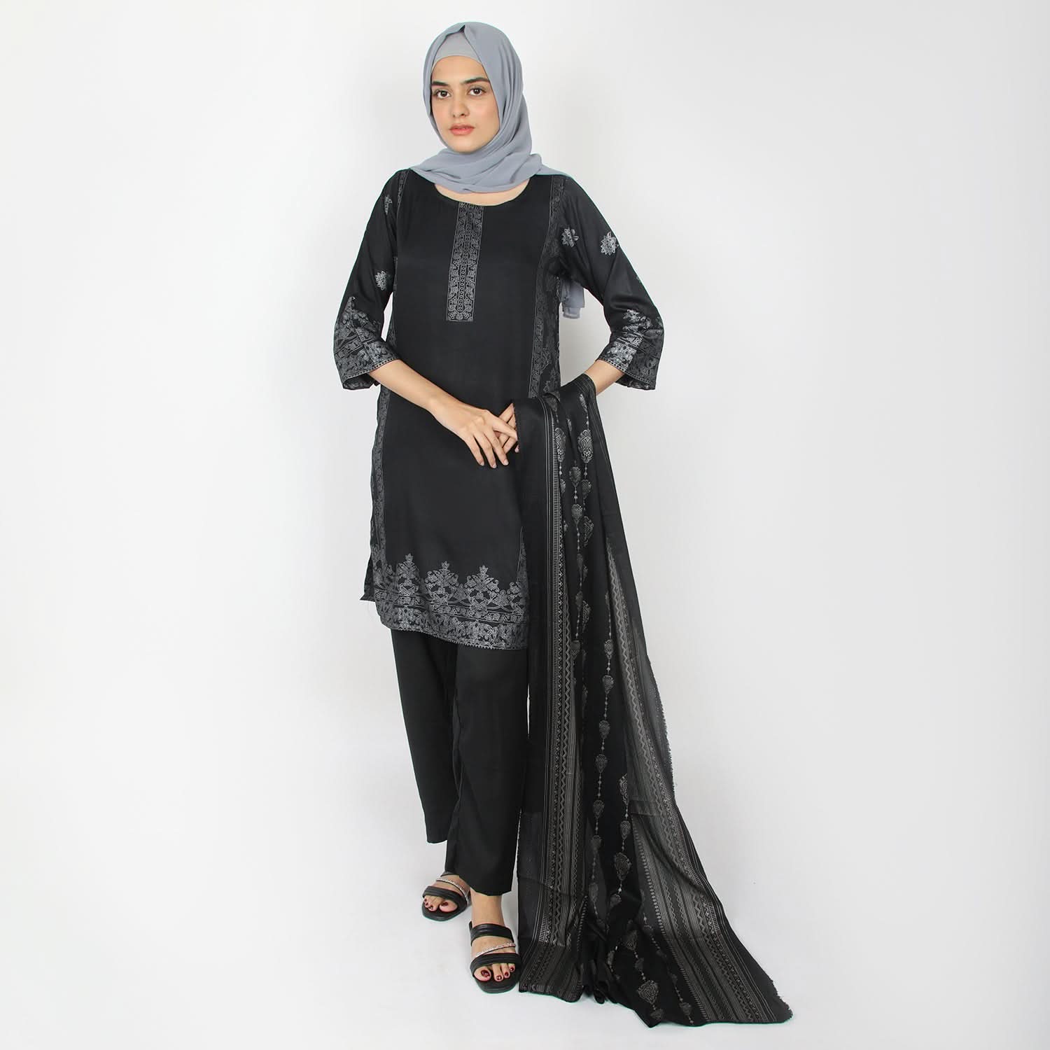 Women's Printed 3pcs Suit - Black, Women Shalwar Suits, Chase Value, Chase Value