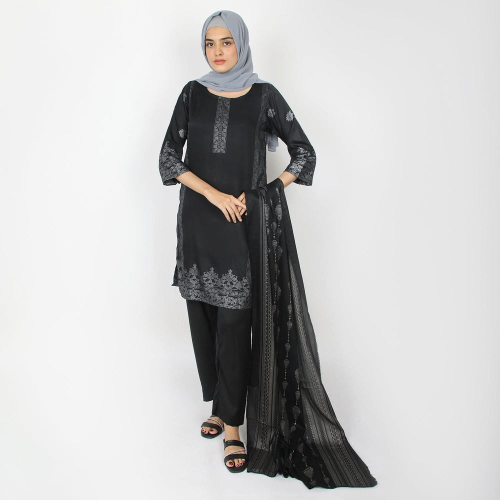 Women's Printed 3pcs Suit - Black, Women Shalwar Suits, Chase Value, Chase Value