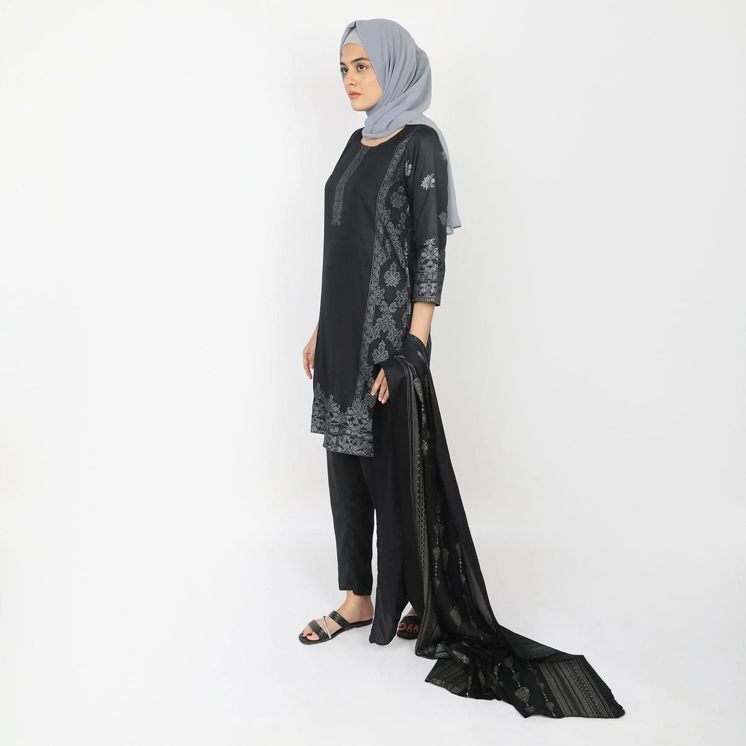 Women's Printed 3pcs Suit - Black, Women Shalwar Suits, Chase Value, Chase Value