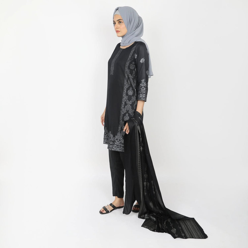 Women's Printed 3pcs Suit - Black, Women Shalwar Suits, Chase Value, Chase Value