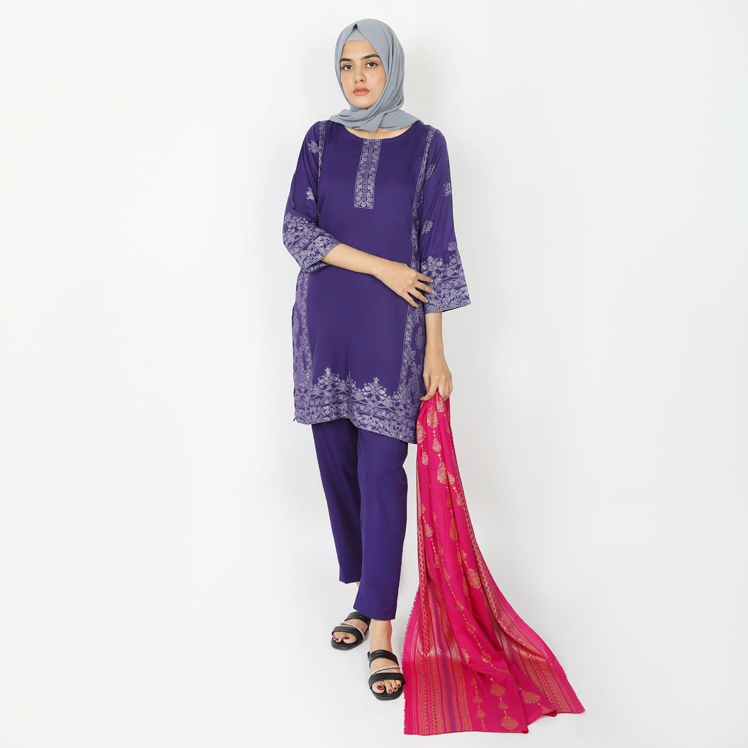 Women's Printed 3pcs Suit - Purple, Women Shalwar Suits, Chase Value, Chase Value