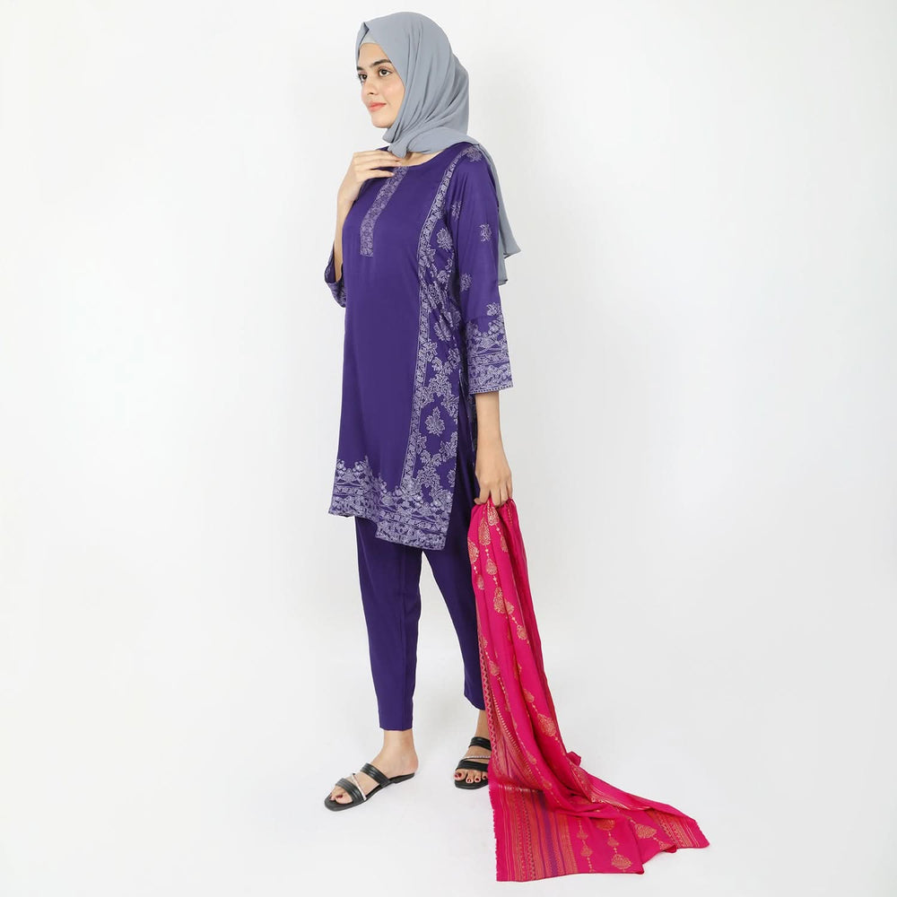 Women's Printed 3pcs Suit - Purple, Women Shalwar Suits, Chase Value, Chase Value